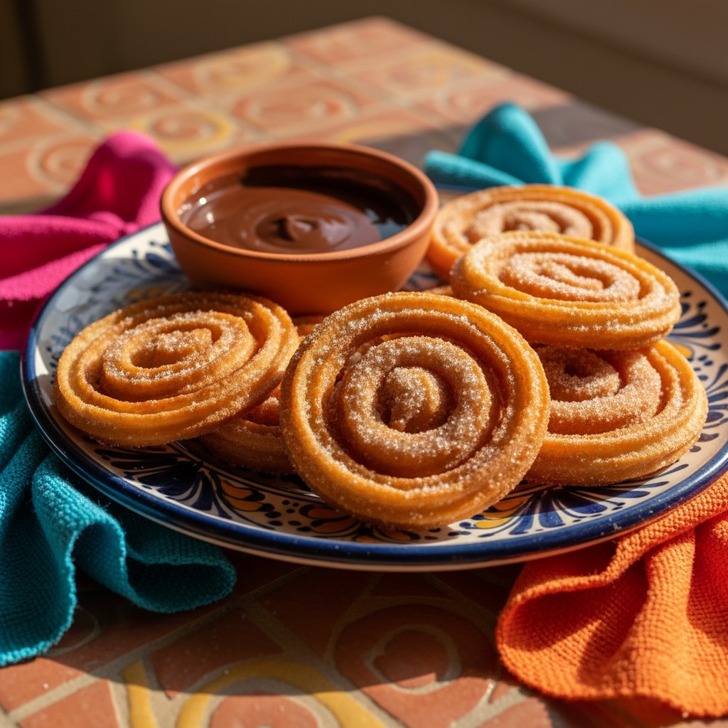 A close-up photograph of a ring-shaped deep-fried snack dusted with sugar, accompanied by a small bowl of sauce and restin...
