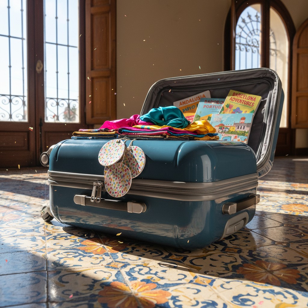 A teal suitcase sits on a patterned tile floor, its top slightly ajar, revealing a glimpse of travel guides and a pile of ...