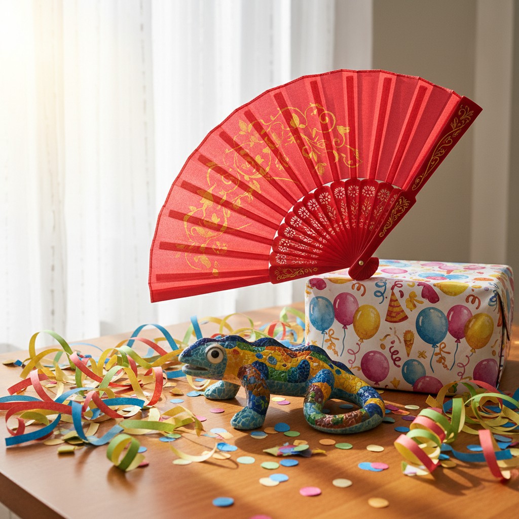 A decorative processional lizard figurine, stacked gift with birthday-themed wrapping, and a close-up view of a fan above,...