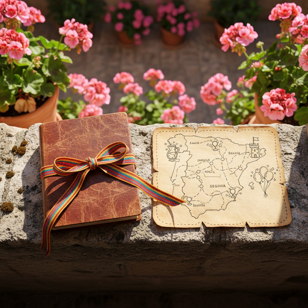 The leater bound book sits next to gregory's handrawn map of Spain with a variety of objects and pictures spread throughout.